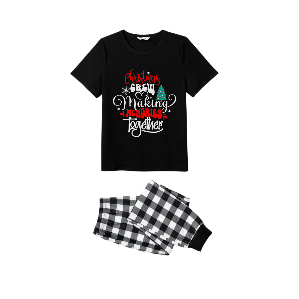 Black and White Plaid Short Sleeve Christmas Pajamas Set With Cute Text Print