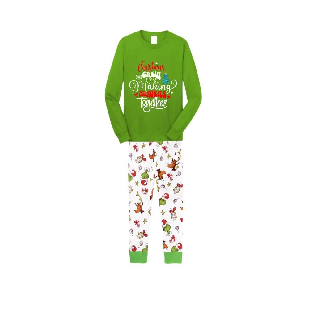 Christmas Family Matching Pajamas-Green Top and Grinch Pants Pjs Set with "Christmas Crew Making Memories Together" Artistic Font Print