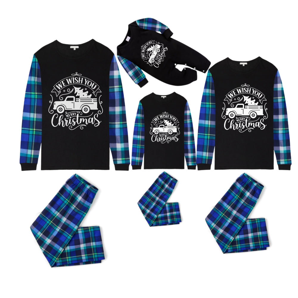 Blue and Green Plaid Christmas Pajamas Set With "We Wish You Merry Christmas" White and Black Text Print
