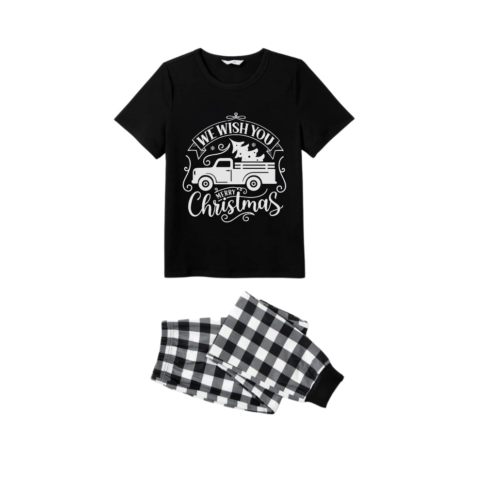 Black and White Plaid Short Sleeve Christmas Pajamas Set With Christmas Tree and Car Print