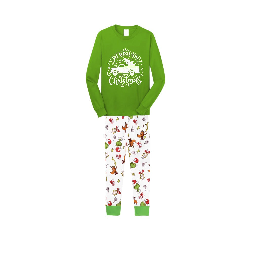 Christmas Family Matching Pajamas-Green Top and Grinch Pants Pjs Set with "We Wish You Merry Christmas" and Christmas Car Pattern Print