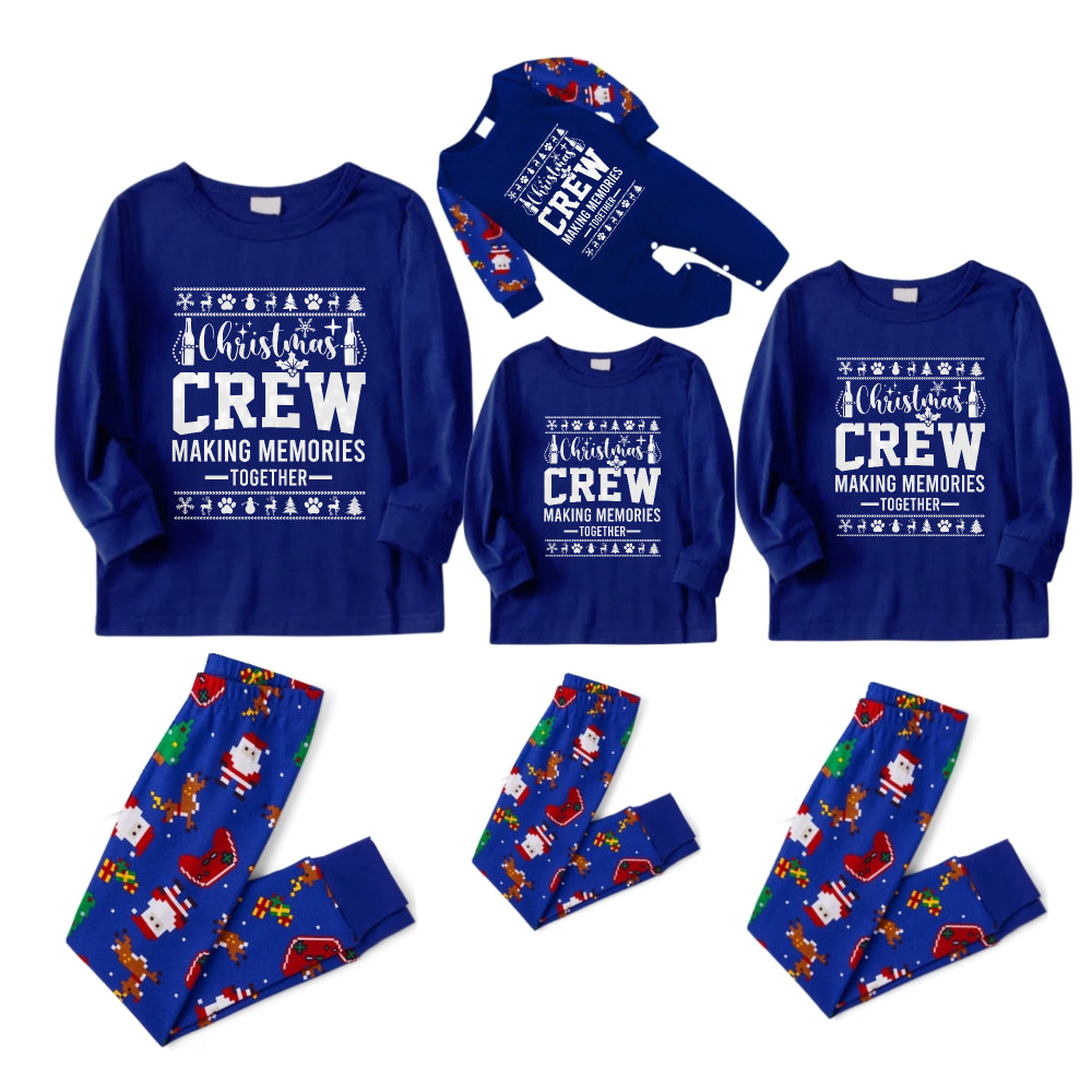 Christmas Family Matching Pajamas-Cozy Blue Pjs Set with "Christmas Crew Making Memories Together" and Christmas Pattern Print