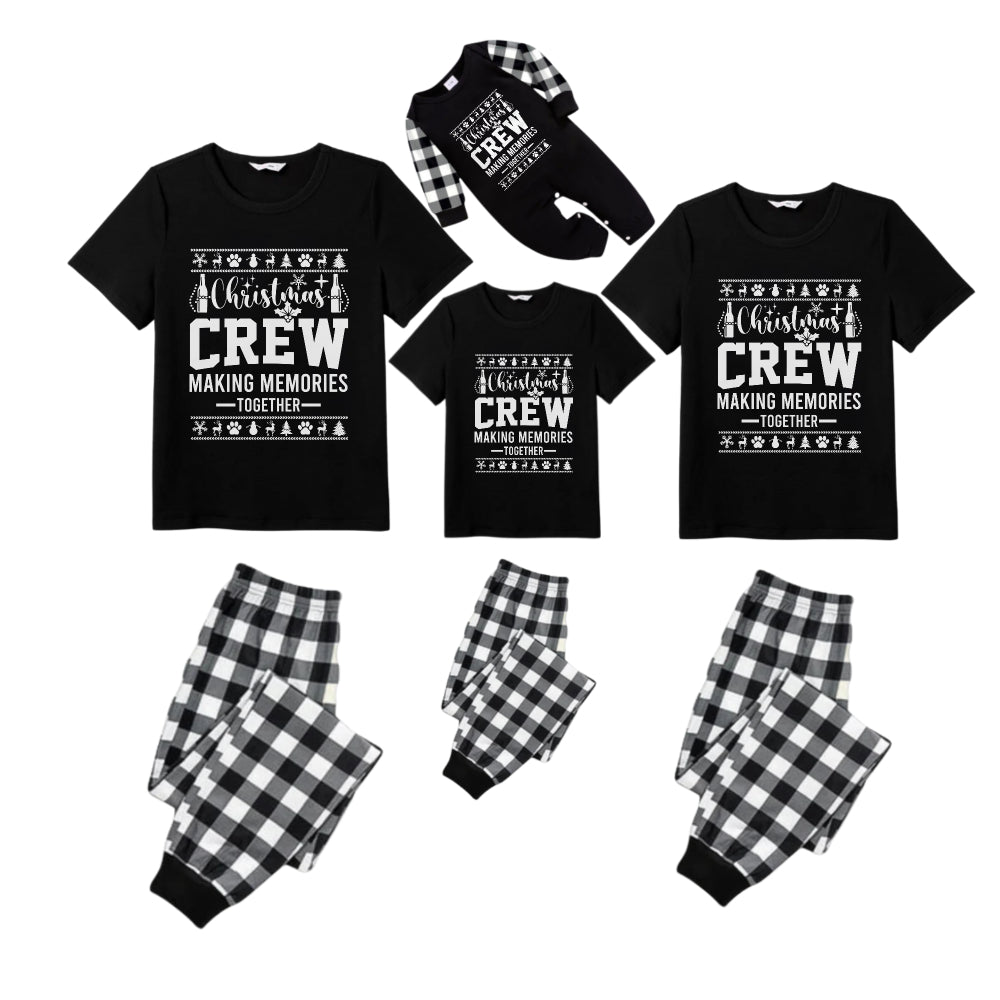 Black and White Plaid Short Sleeve Christmas Pajamas Set With Holiday Quotes Print
