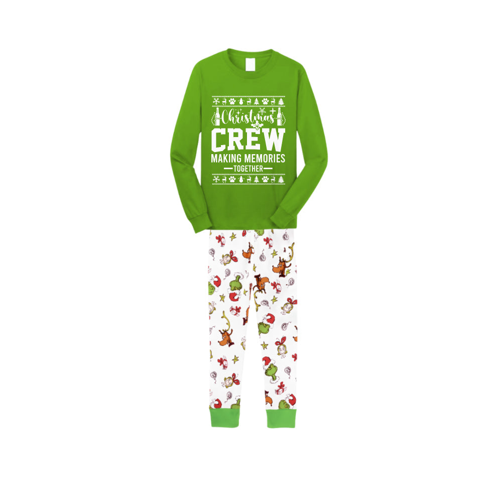 Christmas Family Matching Pajamas-Green Top and Grinch Pants Pjs Set with "Christmas Crew Making Memories Together" and Christmas Pattern Print