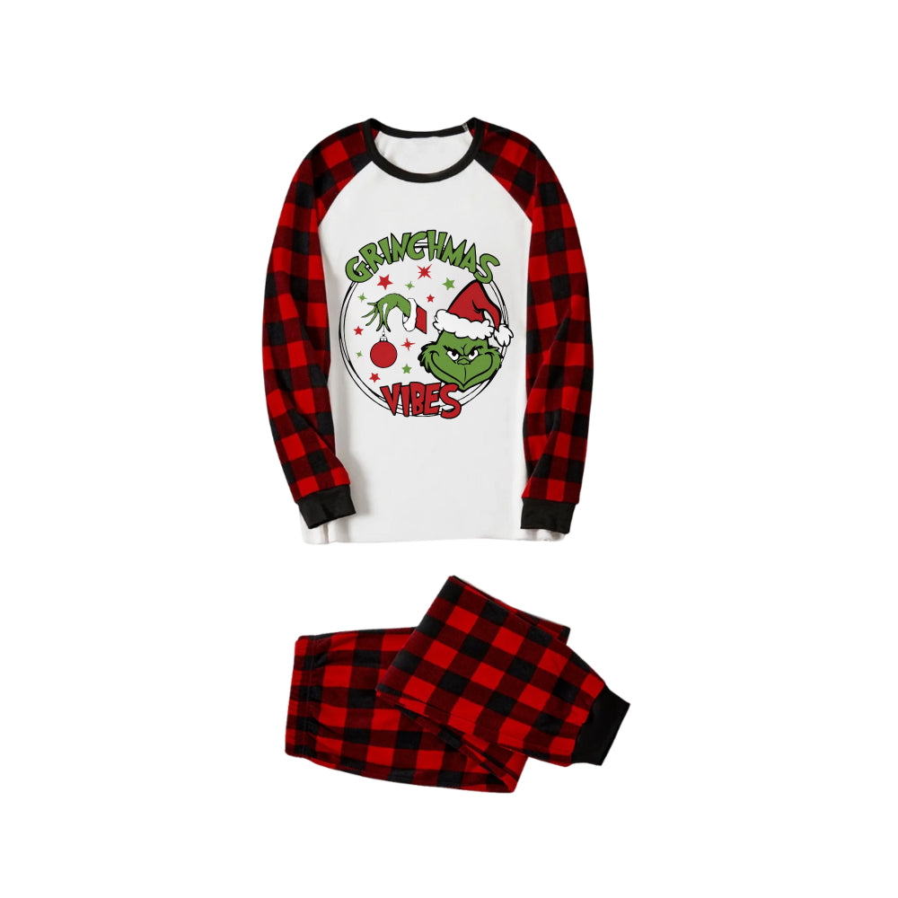 Red and Black Plaid Christmas Pajamas Set With "Grinchmas Vibes" Cartoon Print