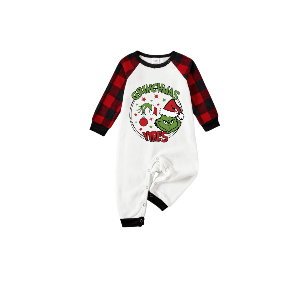 Red and Black Plaid Christmas Pajamas Set With "Grinchmas Vibes" Cartoon Print