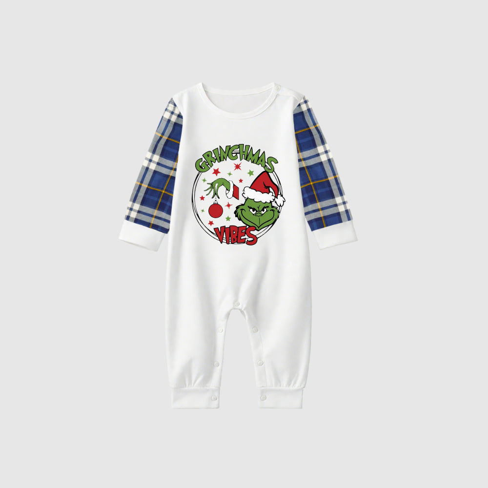 Christmas Family Matching Pajamas-Blue Raglan Top Blue Plaid Pants Pjs Set with Grinch and "Grinchmas Vibes" Print