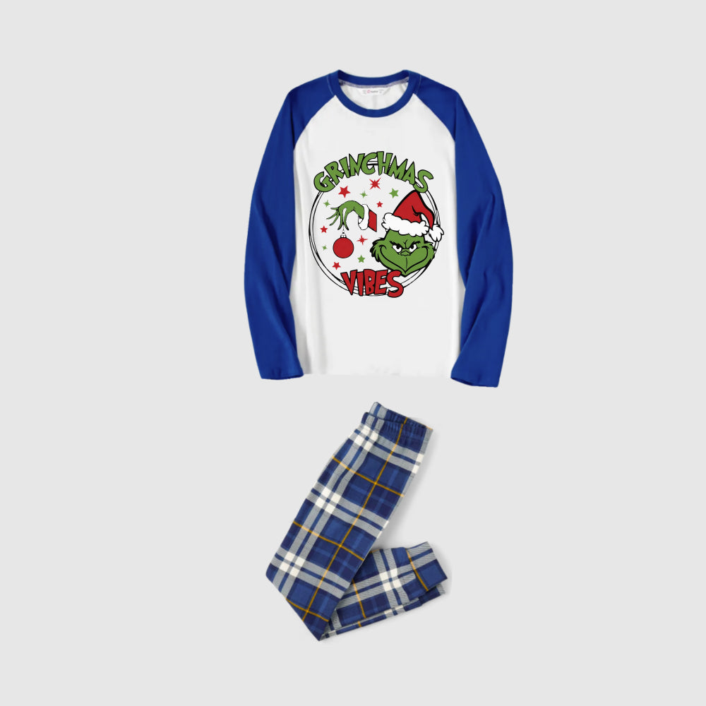 Christmas Family Matching Pajamas-Blue Raglan Top Blue Plaid Pants Pjs Set with Grinch and "Grinchmas Vibes" Print