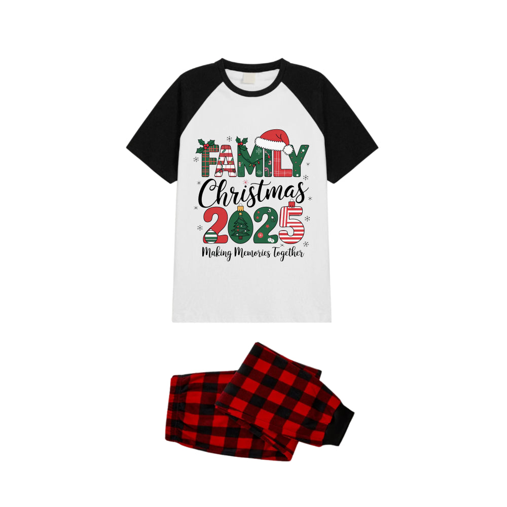 Black and Red Plaid Raglan Short Sleeve Pajamas Set With "Family Christmas 2025" and Christmas Pattern Print