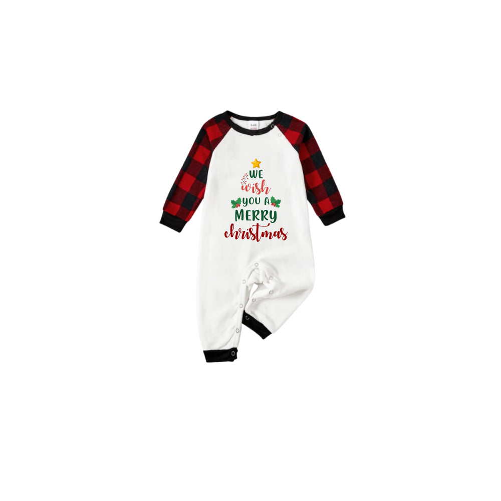 Black and Red Plaid Raglan Short Sleeve Pajamas Set With "We Wish You A Merry Christmas" Print