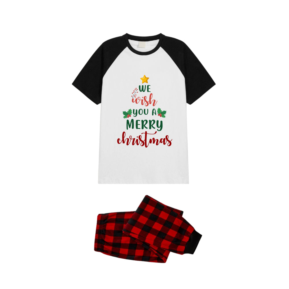 Black and Red Plaid Raglan Short Sleeve Pajamas Set With "We Wish You A Merry Christmas" Print