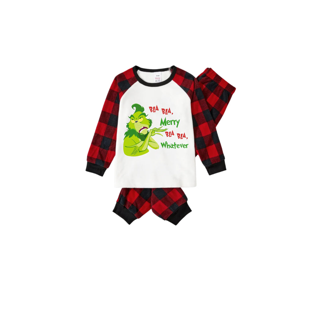 Red and Black Plaid Christmas Pajamas Set With Grinchy Cartoon Print
