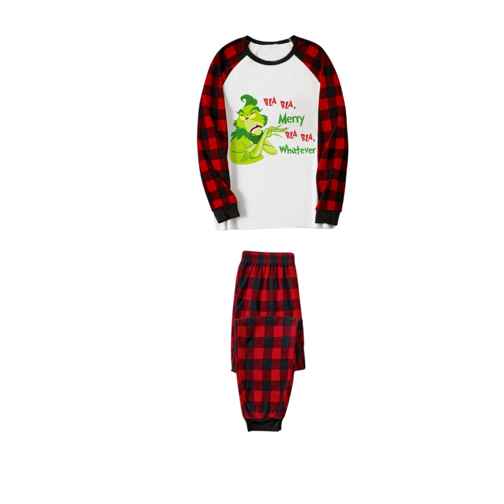 Red and Black Plaid Christmas Pajamas Set With Grinchy Cartoon Print