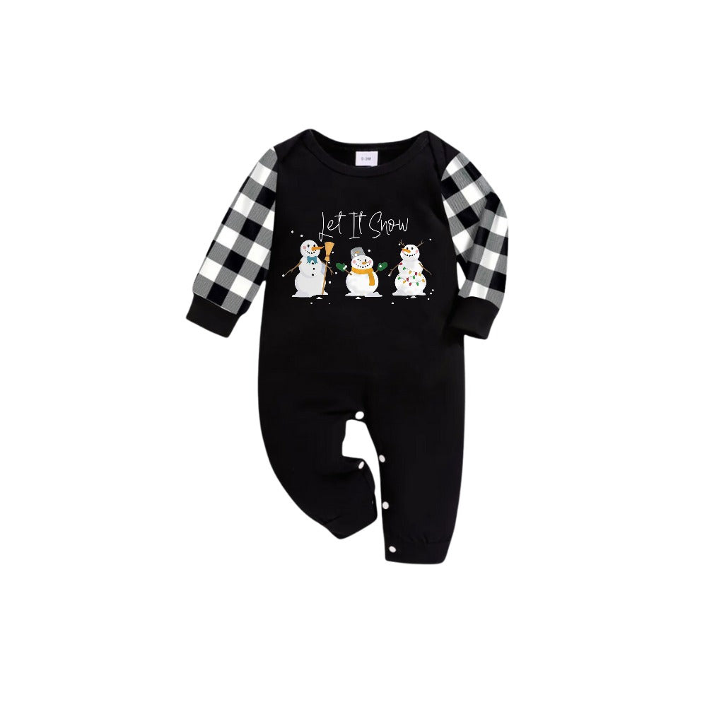 Black and White Plaid Short Sleeve Christmas Pajamas Set With Snowman and Cheer Text Prints