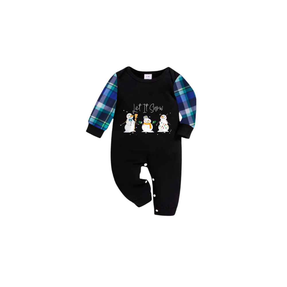 Blue and Green Plaid Christmas Pajamas Set With Snowman and "Let It Snow" Print