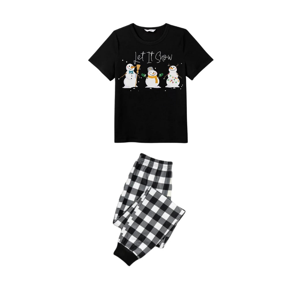 Black and White Plaid Short Sleeve Christmas Pajamas Set With Snowman and Cheer Text Prints