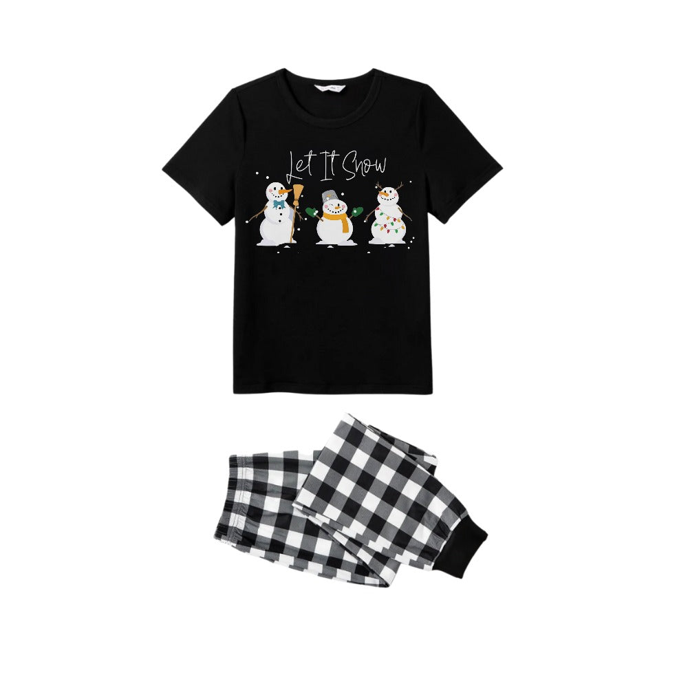Black and White Plaid Short Sleeve Christmas Pajamas Set With Snowman and Cheer Text Prints