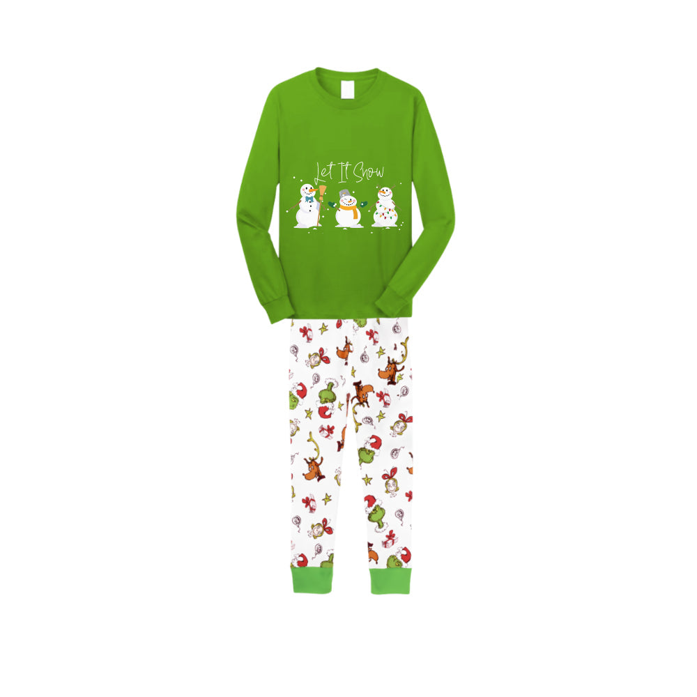 Christmas Family Matching Pajamas-Green Top and Grinch Pants Pjs Set with Snowman and "Let It Snow" Print