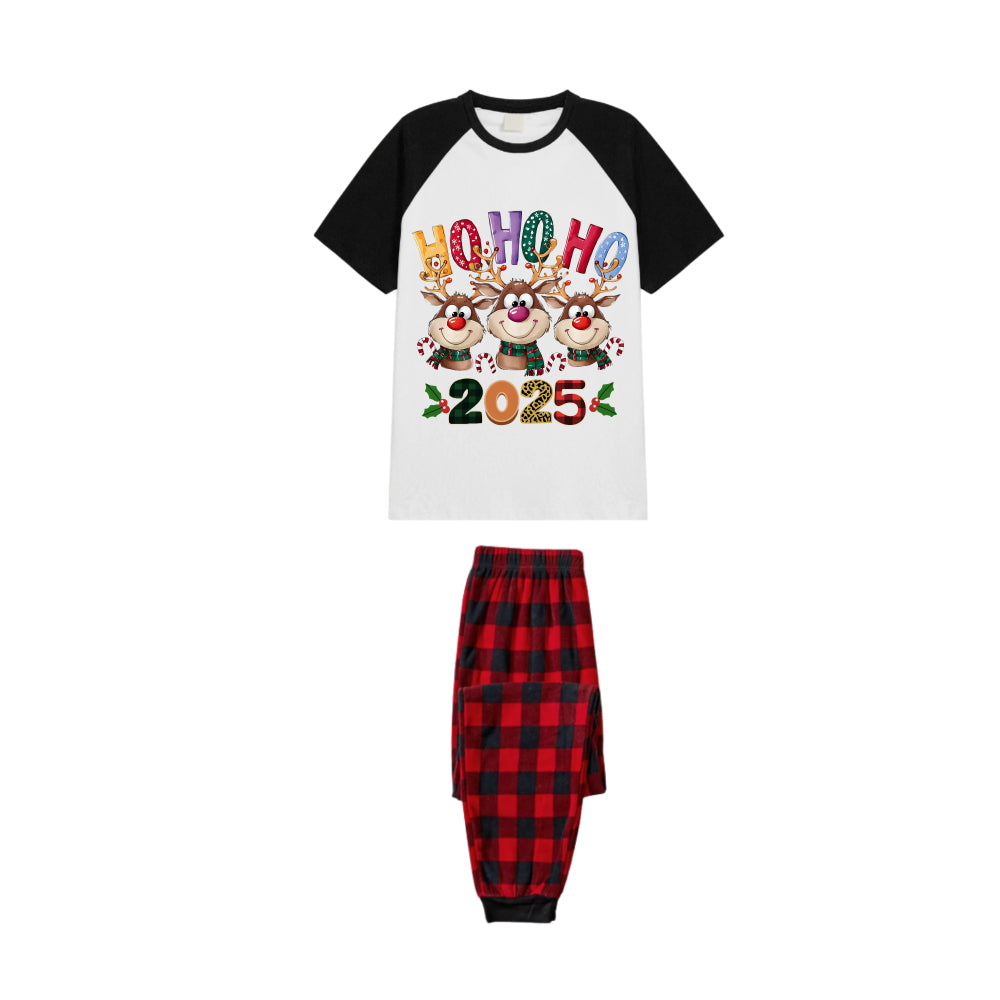 Black and Red Plaid Raglan Short Sleeve Pajamas Set With Cartoon Reindeer and "HO HO HO" Print