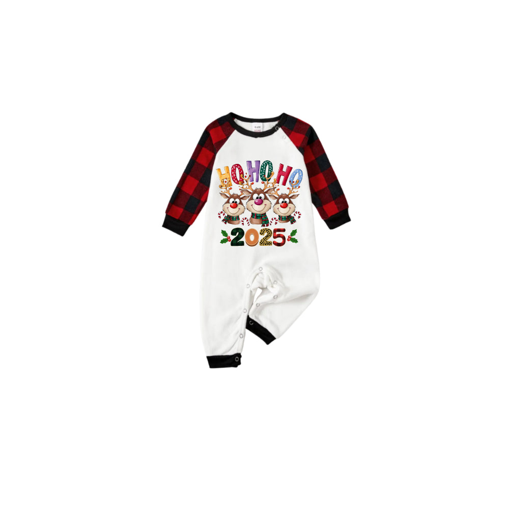 Black and Red Plaid Raglan Short Sleeve Pajamas Set With Cartoon Reindeer and "HO HO HO" Print