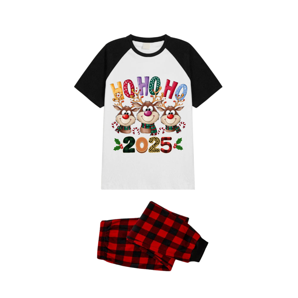 Black and Red Plaid Raglan Short Sleeve Pajamas Set With Cartoon Reindeer and "HO HO HO" Print
