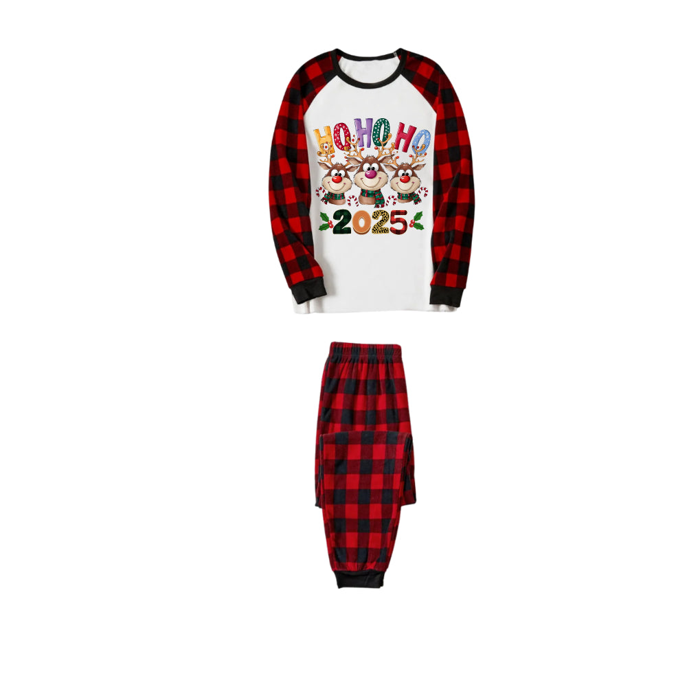 Red and Black Plaid Christmas Pajamas Set With "HO HO HO" and Reindeer Cartoon Print