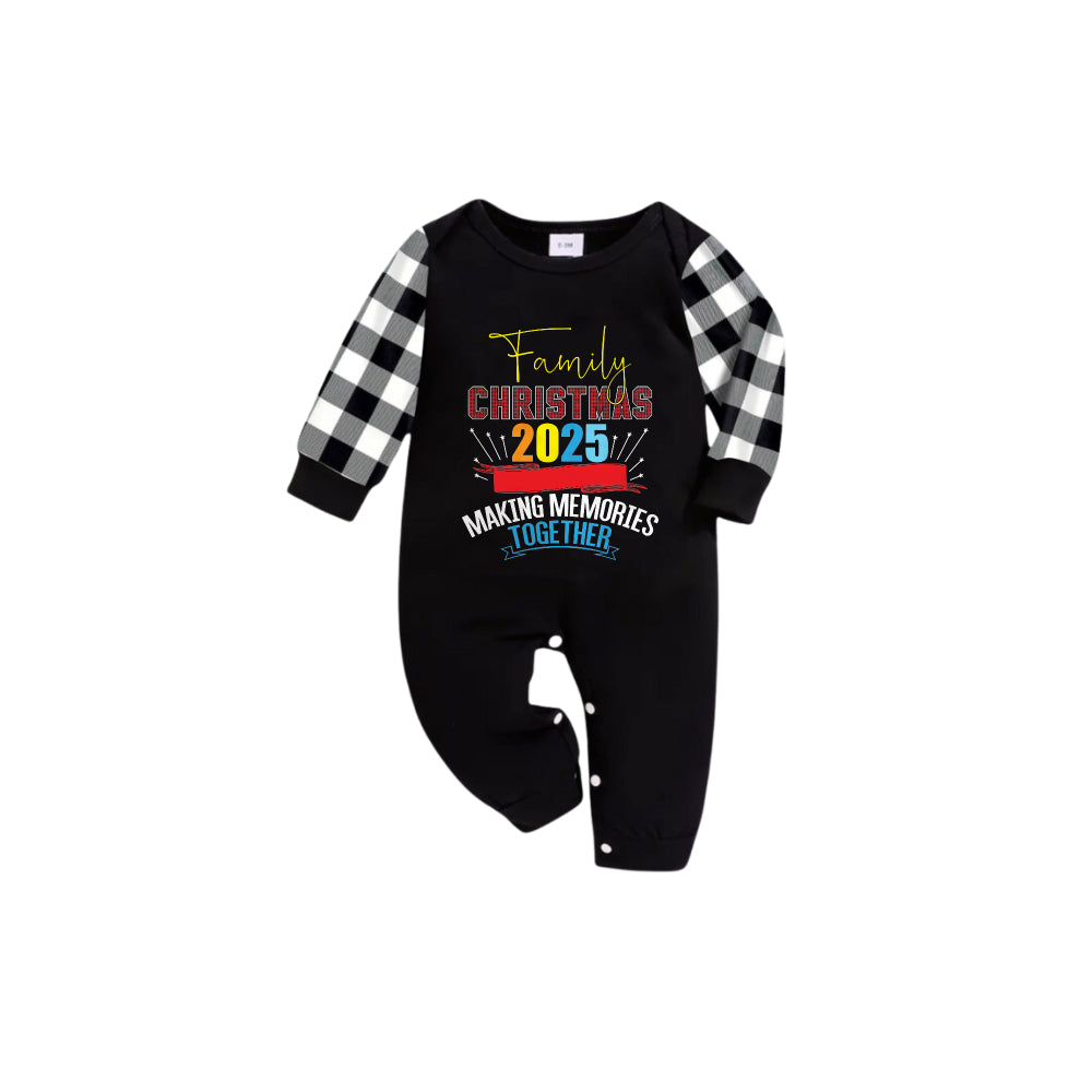 Black and White Plaid Short Sleeve Christmas Pajamas Set With Christmas Text Pattern Edition