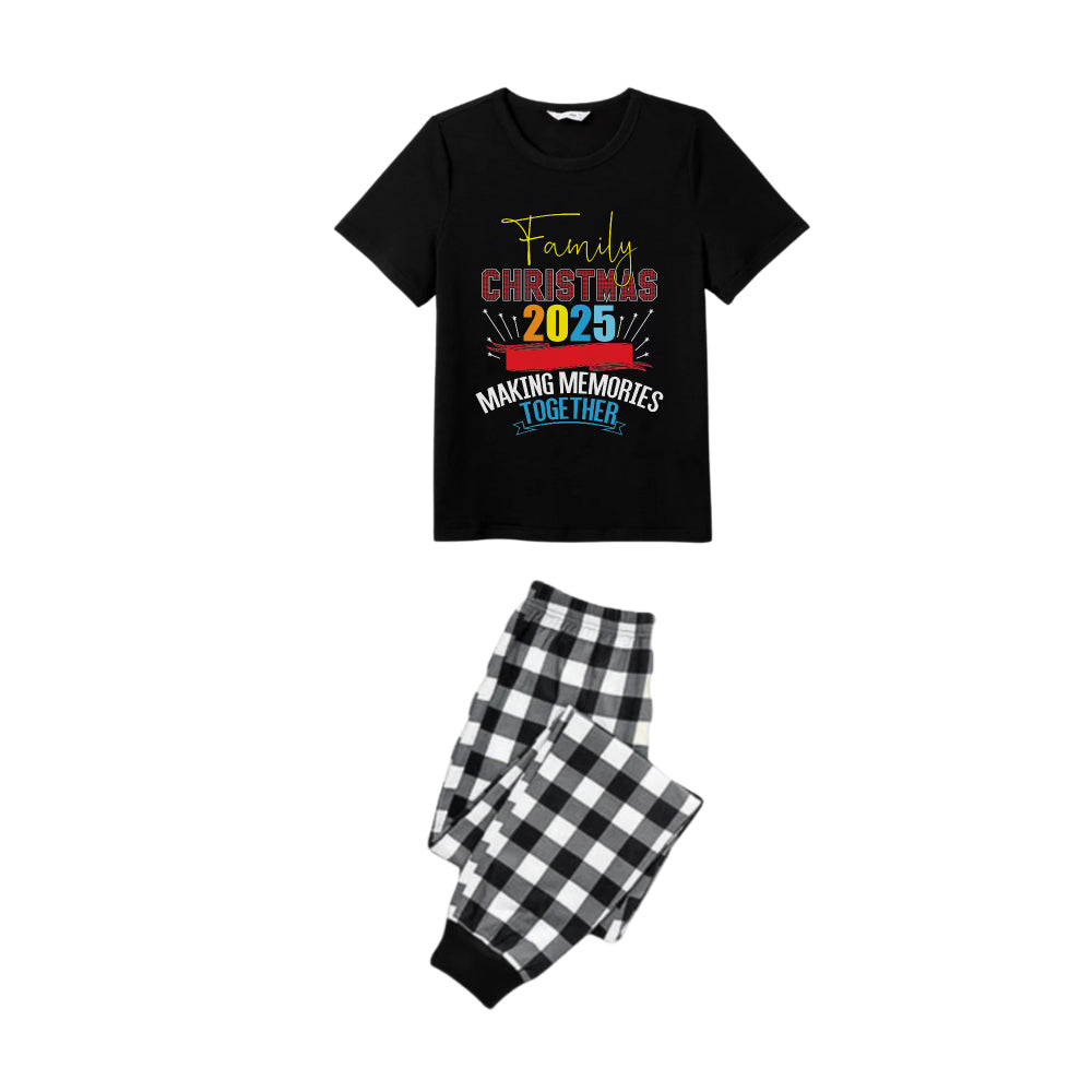 Black and White Plaid Short Sleeve Christmas Pajamas Set With Christmas Text Pattern Edition