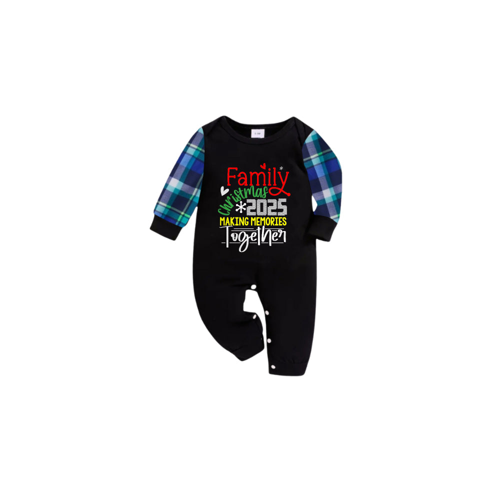 Blue and Green Plaid Christmas Pajamas Set With "Family Christmas 2025 Making Memories Together" Playful Text Print