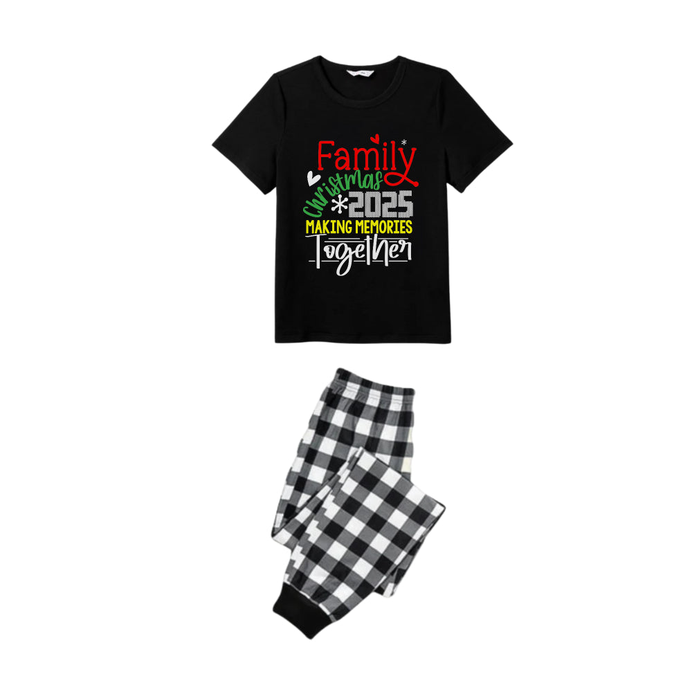 Black and White Plaid Short Sleeve Christmas Pajamas Set Featuring Christmas Cheer Text Prints