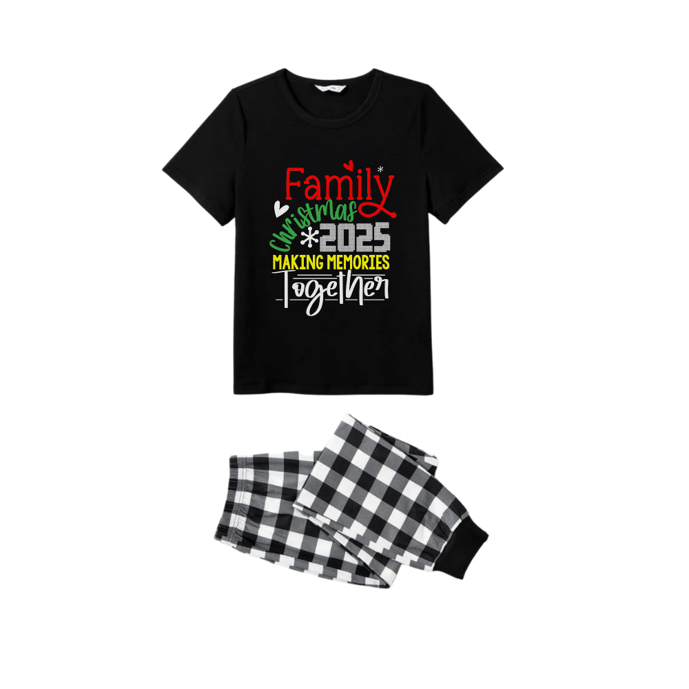 Black and White Plaid Short Sleeve Christmas Pajamas Set Featuring Christmas Cheer Text Prints