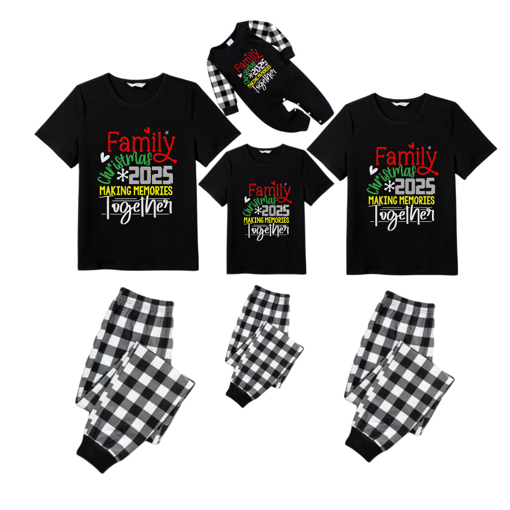 Black and White Plaid Short Sleeve Christmas Pajamas Set Featuring Christmas Cheer Text Prints