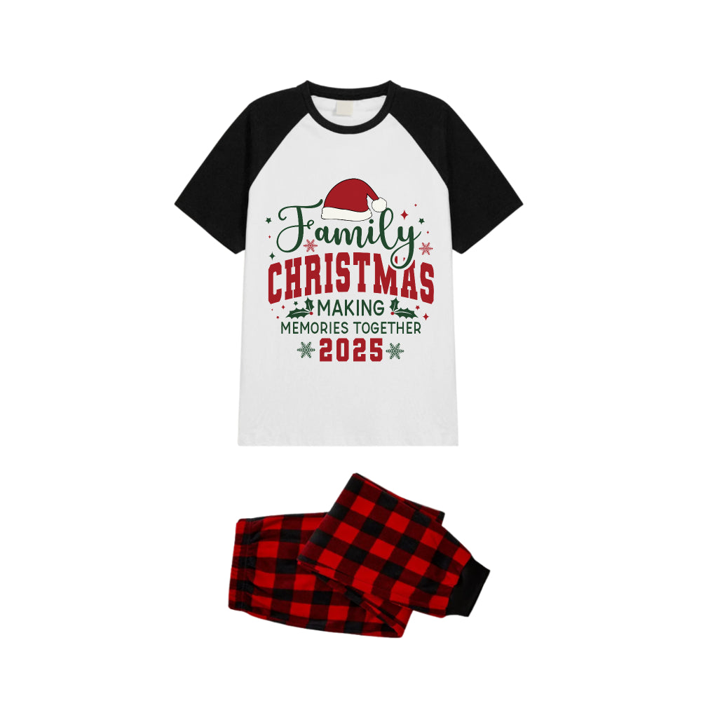Black and Red Plaid Raglan Short Sleeve Pajamas Set With "Family Christmas Making Memories Together 2025" Slogan Print