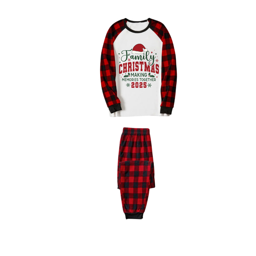 Red and Black Plaid Christmas Pajamas Set With Santa Hat and Christmas Slogan Print