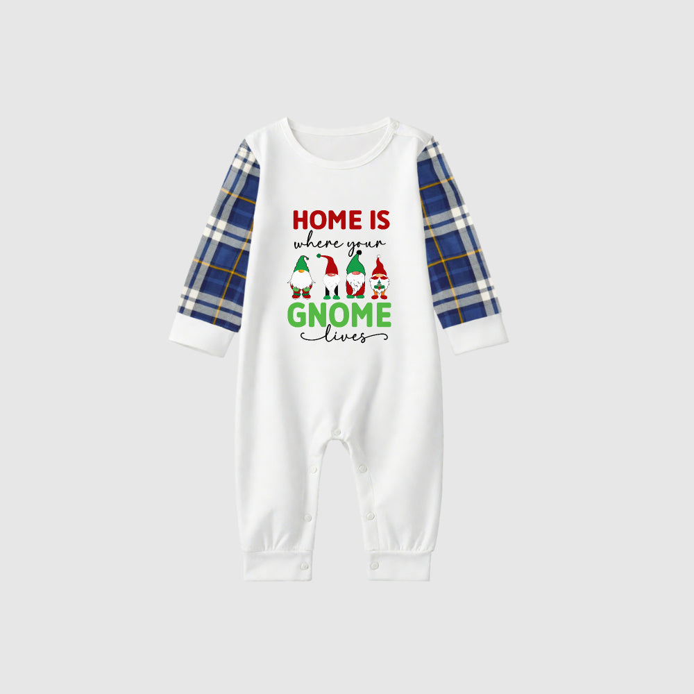 Christmas Family Matching Pajamas-Blue Raglan Top Blue Plaid Pants Pjs Set with "Home Is Where Your Gnome Lives" Print