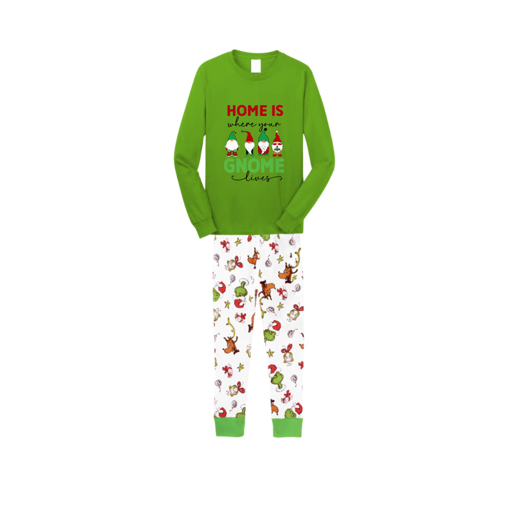 Christmas Family Matching Pajamas-Green Top and Grinch Pants Pjs Set with "Home Is Where Your Gnome Lives" Print