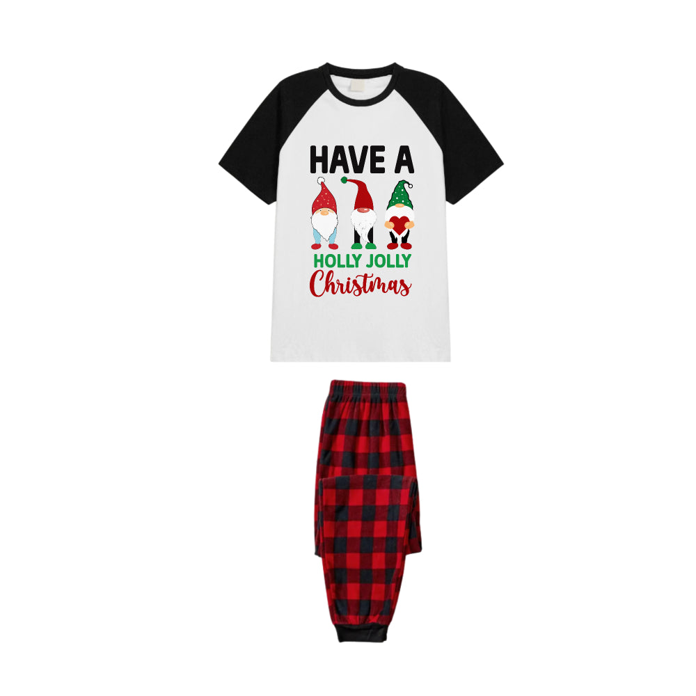 Black and Red Plaid Raglan Short Sleeve Pajamas Set With Cute Gnomes and "Have A Holly Jolly Christmas" Slogan Print