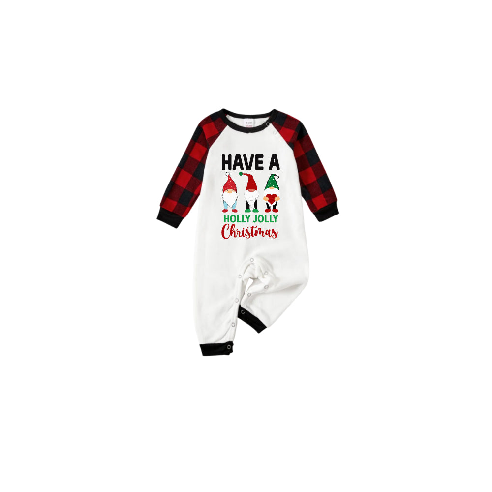 Black and Red Plaid Raglan Short Sleeve Pajamas Set With Cute Gnomes and "Have A Holly Jolly Christmas" Slogan Print