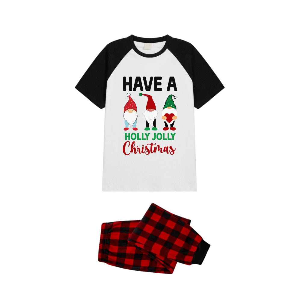 Black and Red Plaid Raglan Short Sleeve Pajamas Set With Cute Gnomes and "Have A Holly Jolly Christmas" Slogan Print