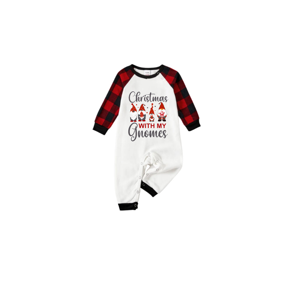Black and Red Plaid Raglan Short Sleeve Pajamas Set With "Christmas With My Gnomes" Slogan Print