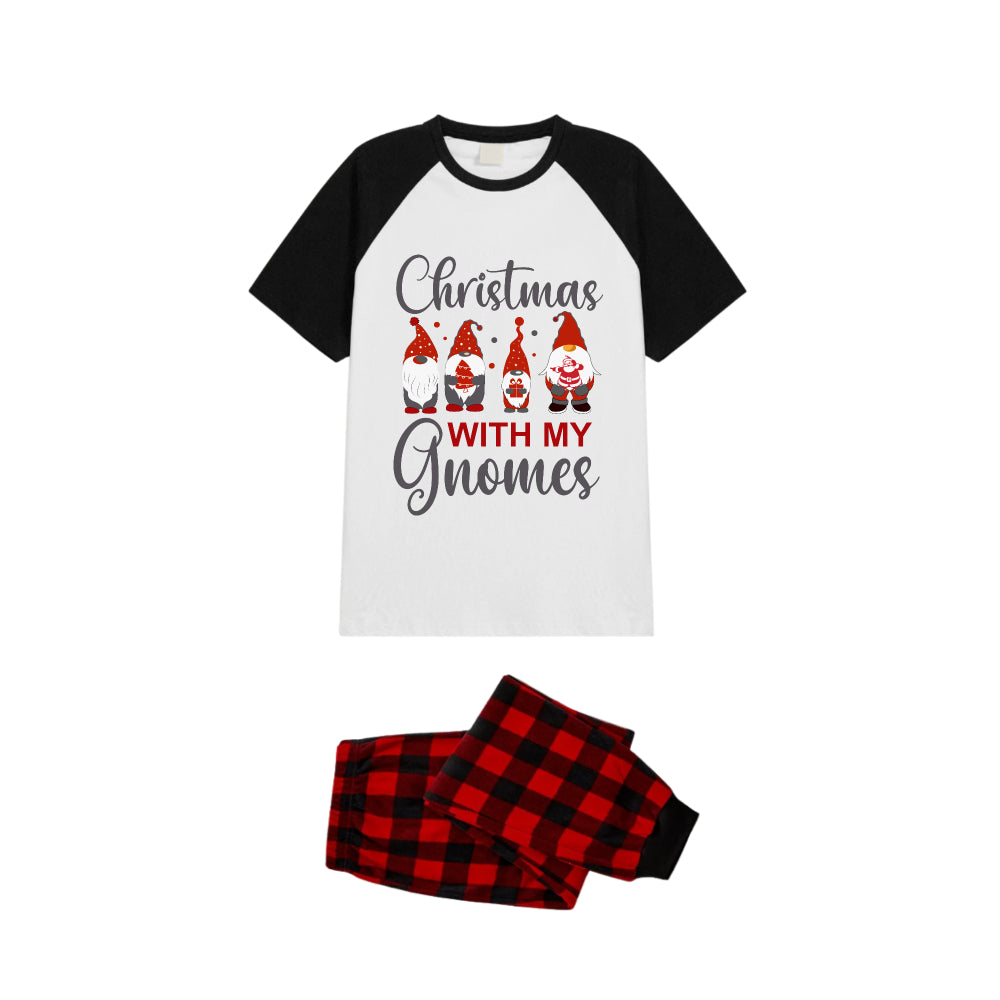 Black and Red Plaid Raglan Short Sleeve Pajamas Set With "Christmas With My Gnomes" Slogan Print