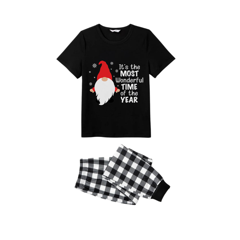 Black and White Plaid Short Sleeve Christmas Pajamas Set Featuring Gnome with Santa Quotes