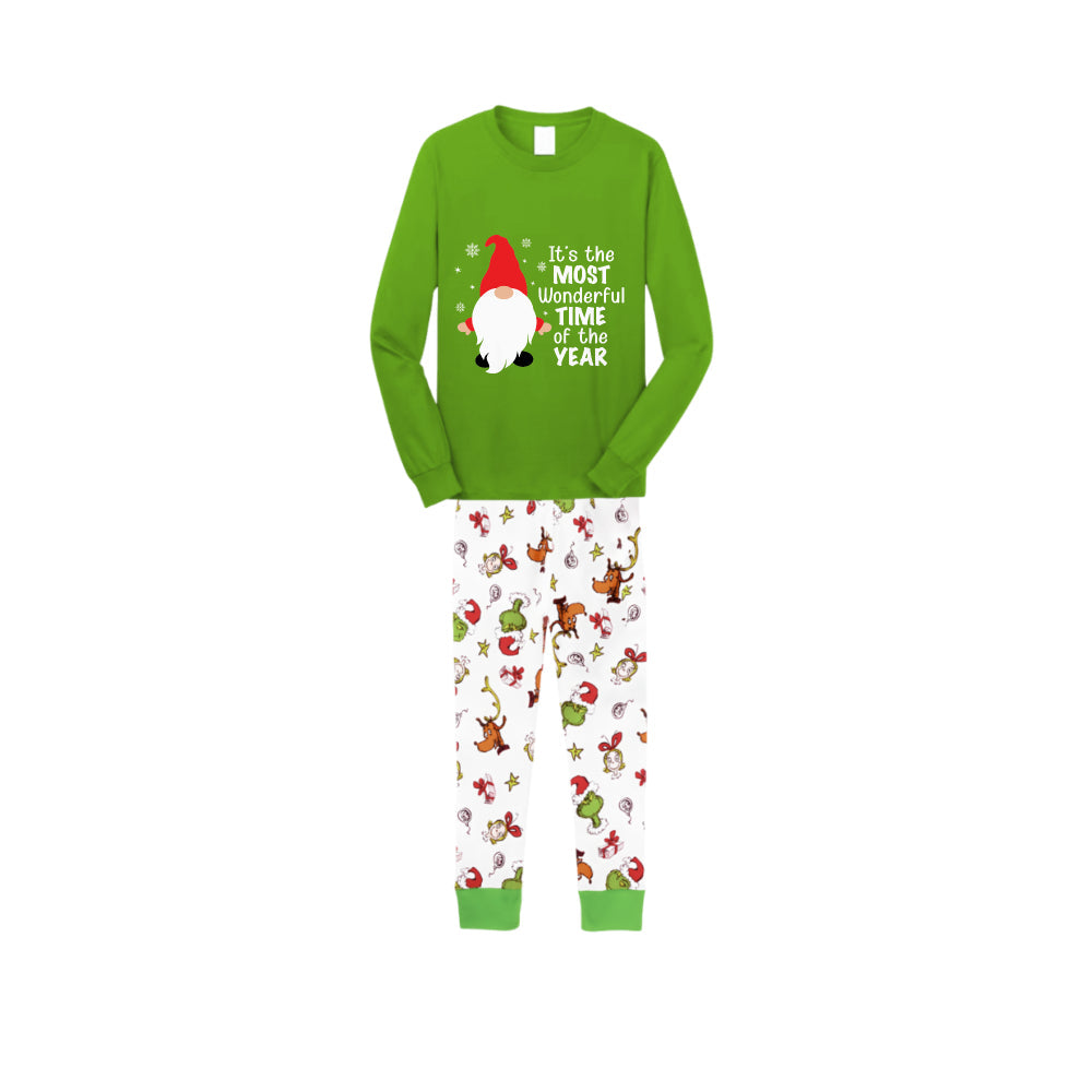 Christmas Family Matching Pajamas-Green Top and Grinch Pants Pjs Set with Gnome and "It is the most wonderful time of the year" Print