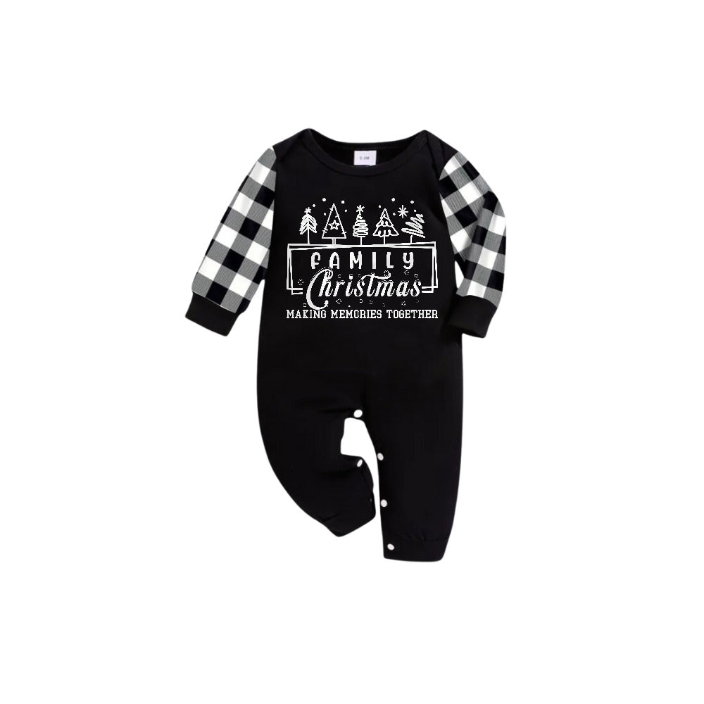 Black and White Plaid Short Sleeve Christmas Pajamas Set with Tree and Holiday Text Design