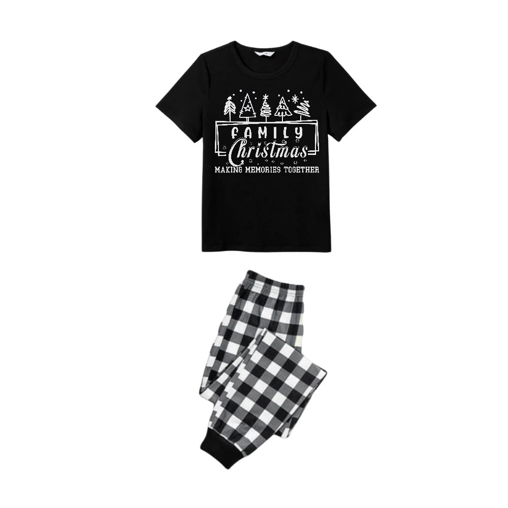 Black and White Plaid Short Sleeve Christmas Pajamas Set with Tree and Holiday Text Design