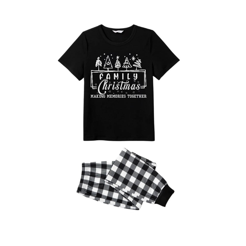 Black and White Plaid Short Sleeve Christmas Pajamas Set with Tree and Holiday Text Design