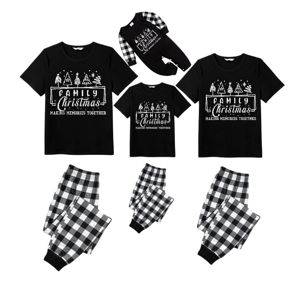 Black and White Plaid Short Sleeve Christmas Pajamas Set with Tree and Holiday Text Design