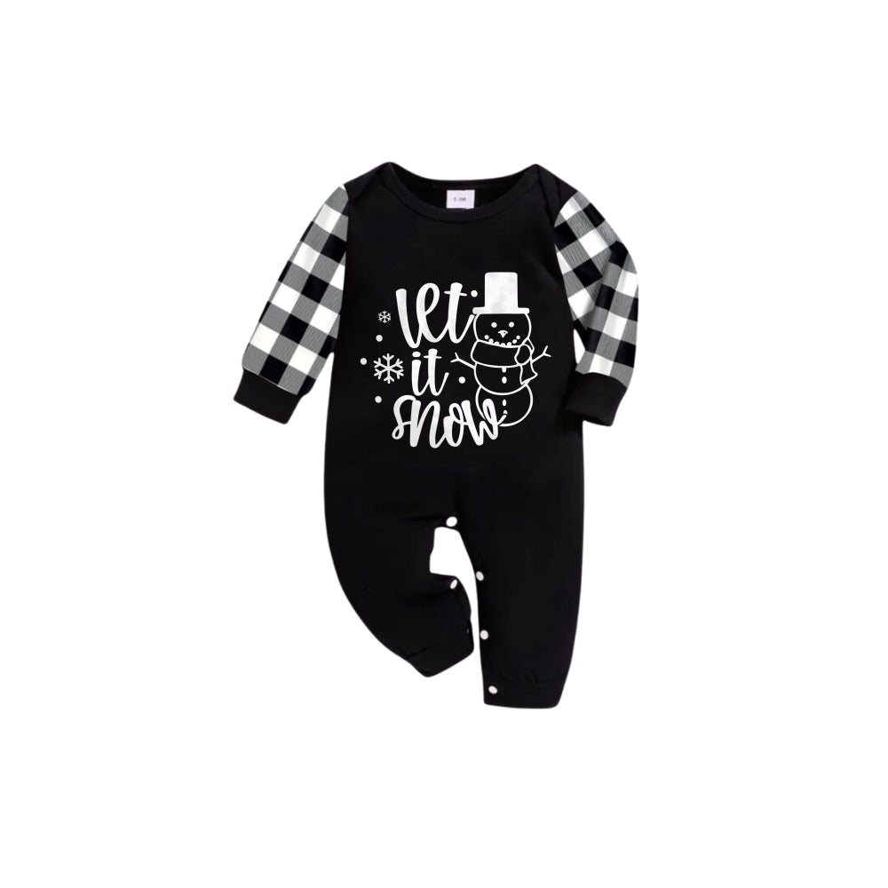 Black and White Plaid Short Sleeve Christmas Pajamas Set with Snowman and Slogan Designs