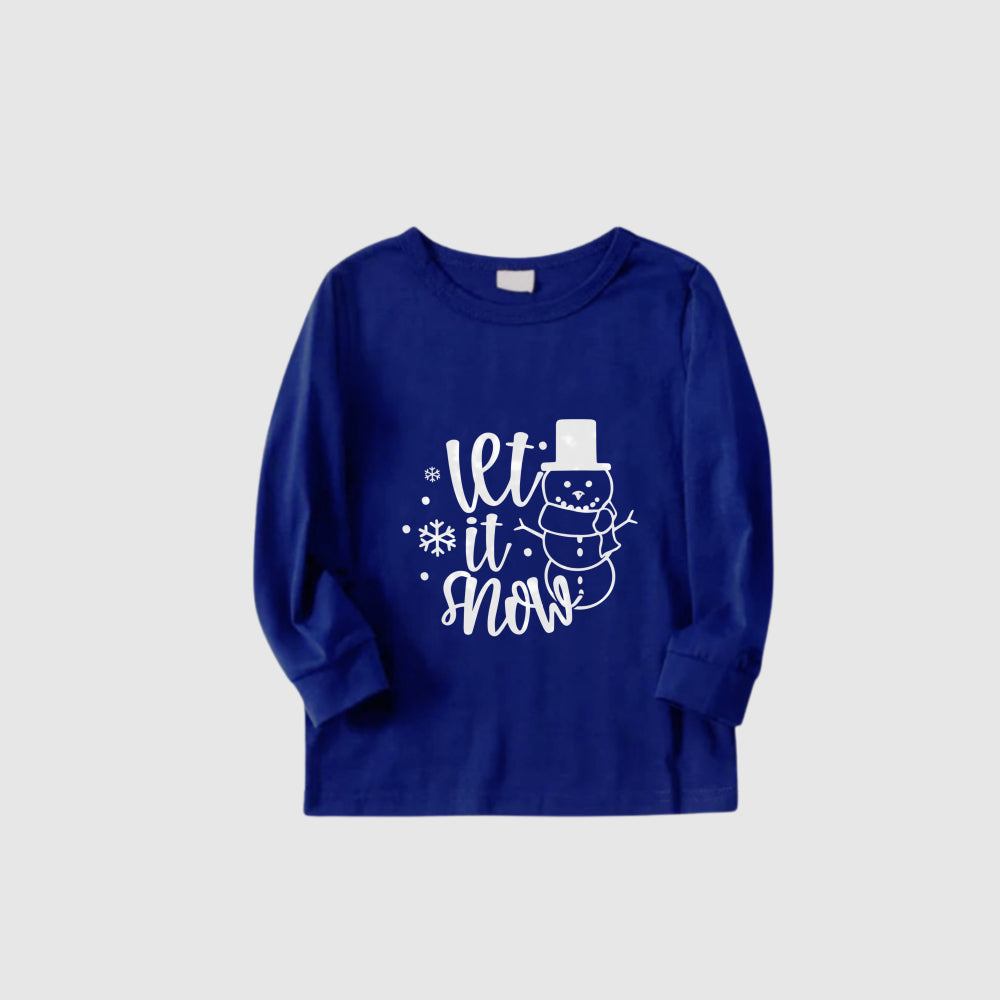 Christmas Family Matching Pajamas-Cozy Blue Pjs Set with Snowman and "Let It Snow" Slogan Print