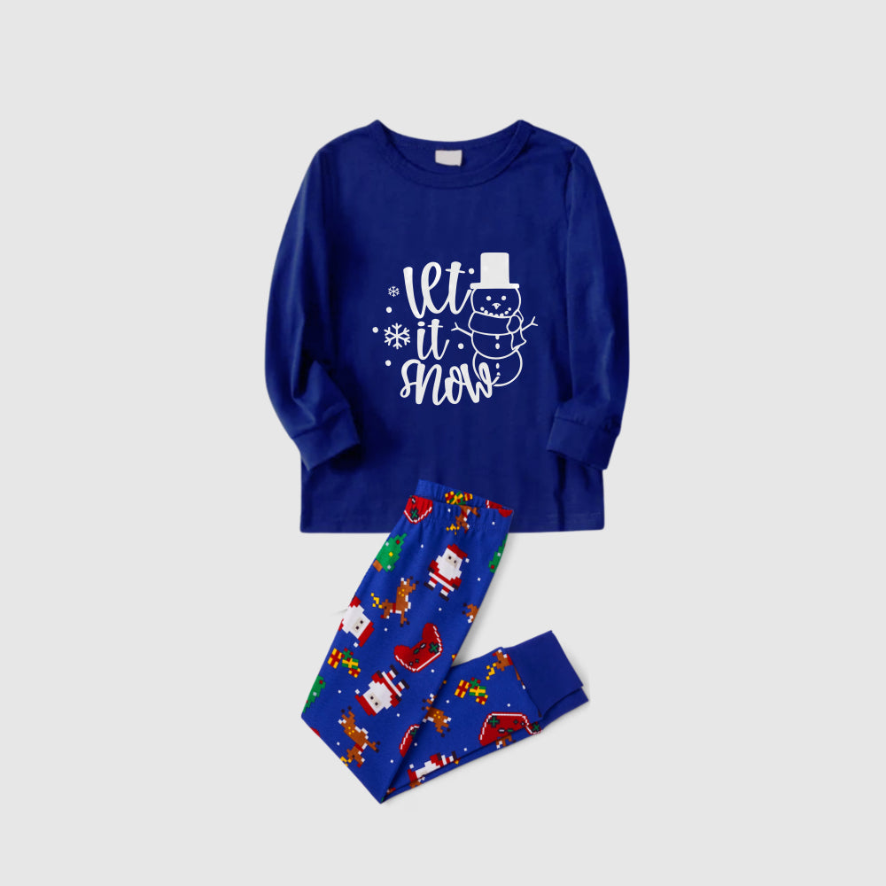 Christmas Family Matching Pajamas-Cozy Blue Pjs Set with Snowman and "Let It Snow" Slogan Print